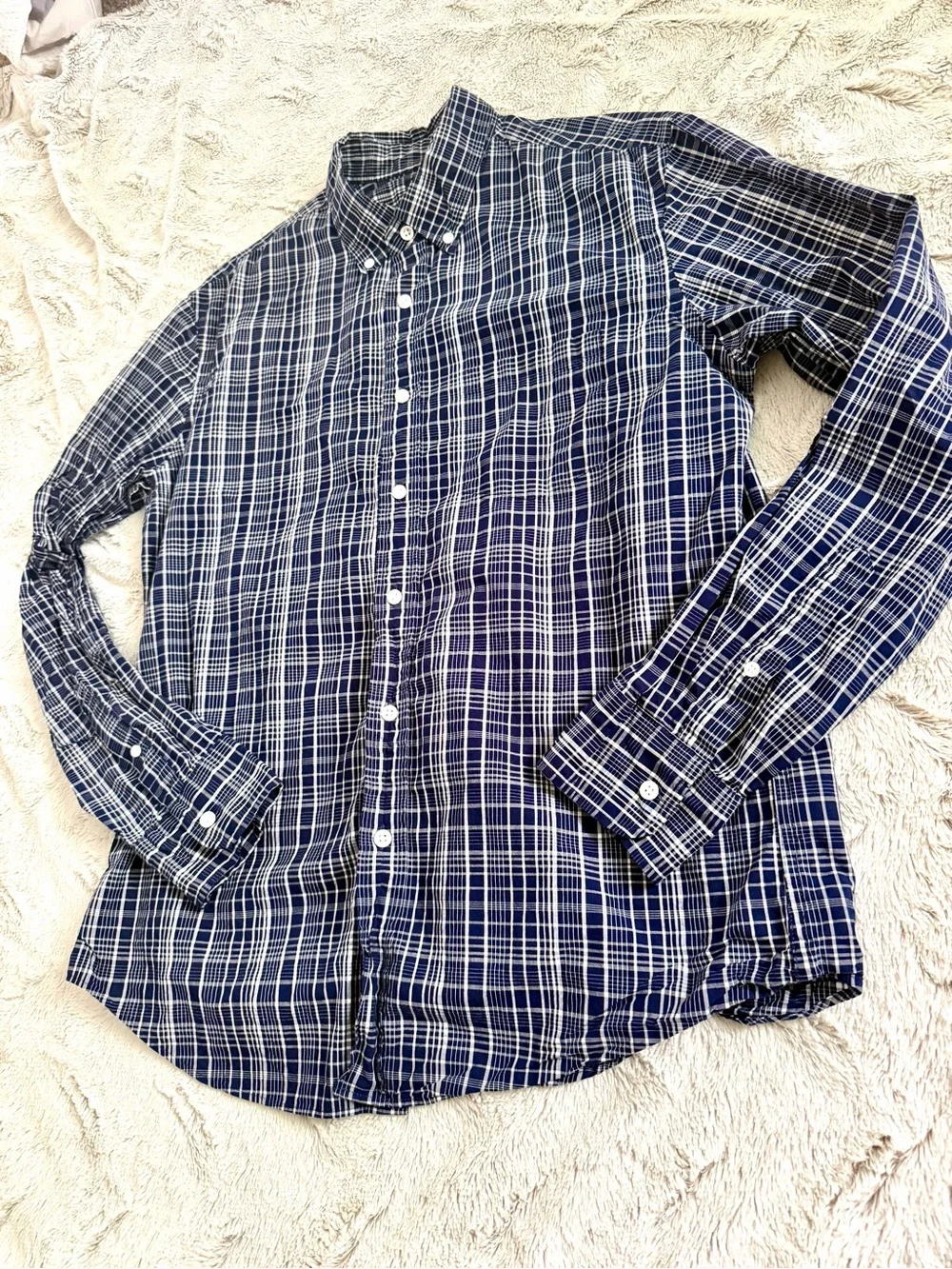 J.Crew Flex Washed Plaid Button Down Shirt Men L Blue White Long Sleeve Regular